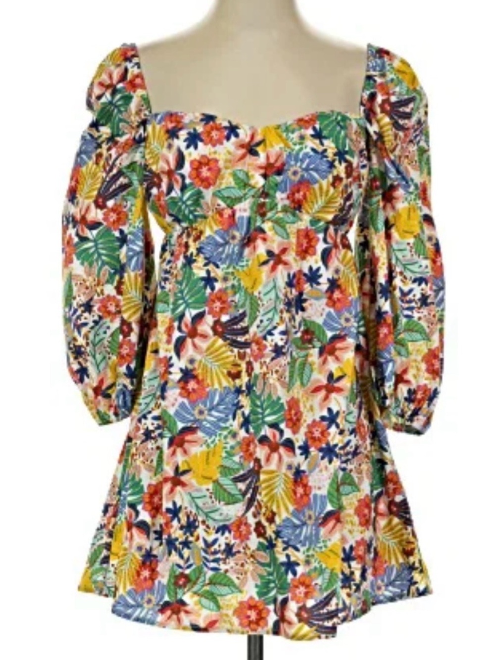Olivaceous Tropical Floral Puff Sleeve Sweetheart Mini Dress Size M